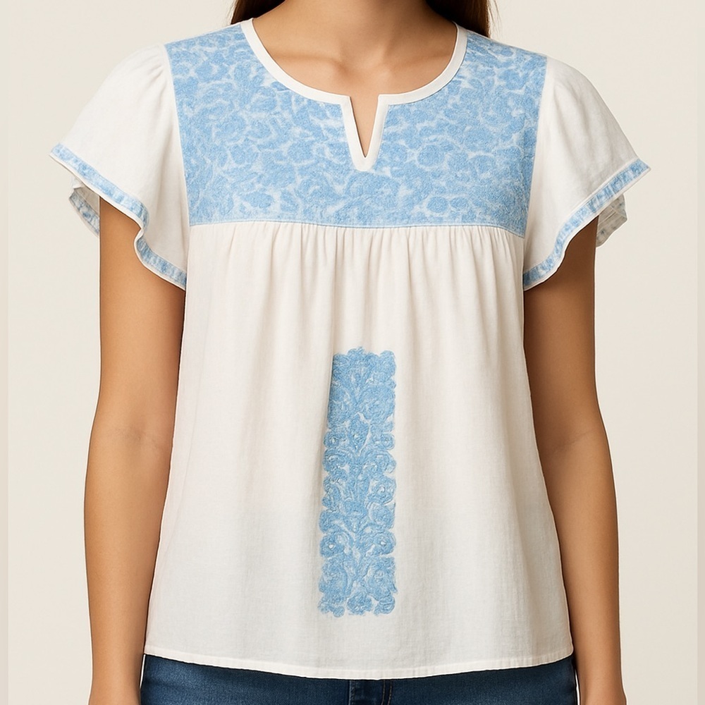 J. Marie Bohemian Embroidered Flutter Sleeve Top Blouse Size XS